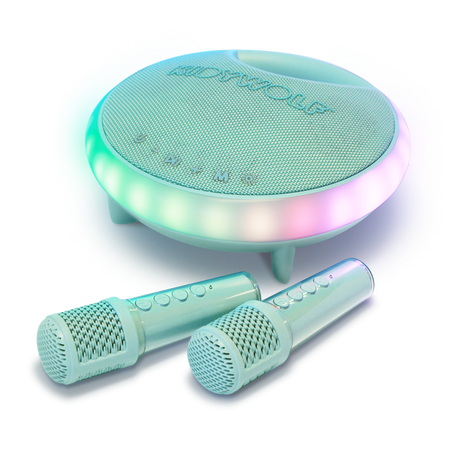 Round karaoke device with glowing edges in pastel colors, accompanied by two microphones. The setup exudes a fun and inviting vibe, ideal for parties.