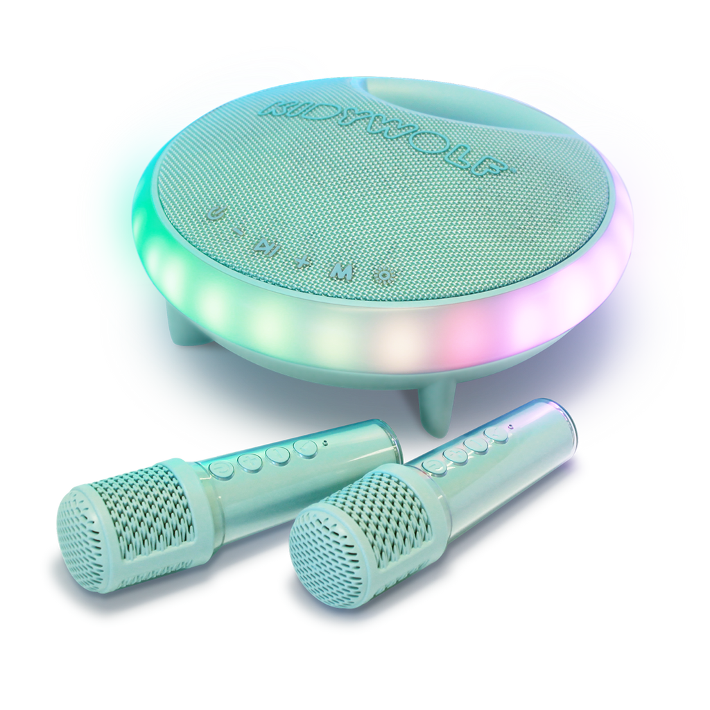 Round karaoke device with glowing edges in pastel colors, accompanied by two microphones. The setup exudes a fun and inviting vibe, ideal for parties.