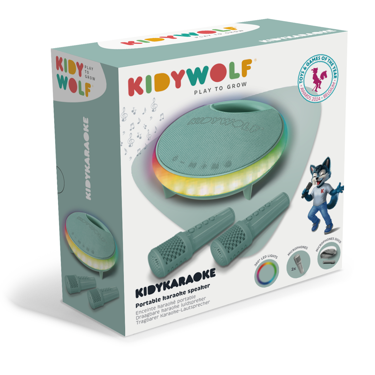 Packaging for the KIDYWOLF portable karaoke speaker. Features a green speaker with colorful LED lights, two microphones, and a playful wolf mascot.