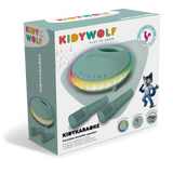 Packaging for the KIDYWOLF portable karaoke speaker. Features a green speaker with colorful LED lights, two microphones, and a playful wolf mascot.