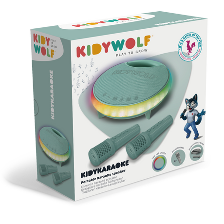 Packaging for the KIDYWOLF portable karaoke speaker. Features a green speaker with colorful LED lights, two microphones, and a playful wolf mascot.