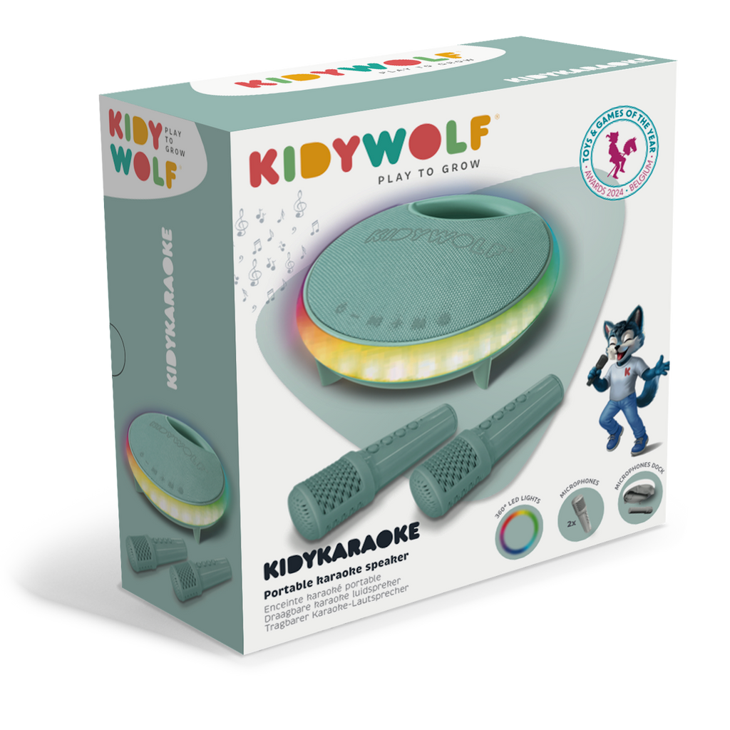 Packaging for the KIDYWOLF portable karaoke speaker. Features a green speaker with colorful LED lights, two microphones, and a playful wolf mascot.