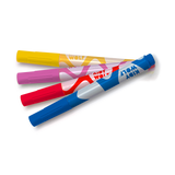 Four colorful markers are aligned on a black background. The markers are blue, red, pink, and yellow with unique abstract designs, displaying a playful and creative tone.