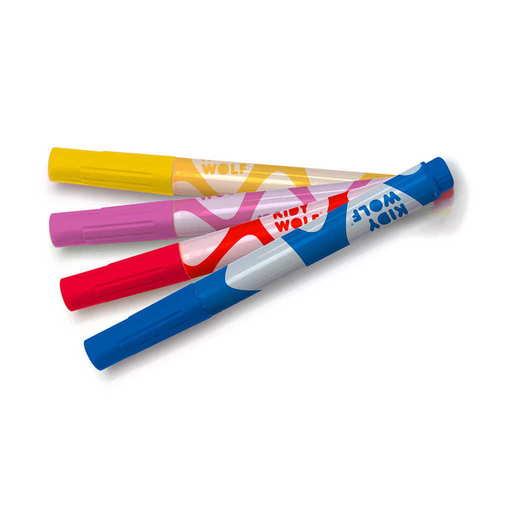 Four colorful markers are aligned on a black background. The markers are blue, red, pink, and yellow with unique abstract designs, displaying a playful and creative tone.