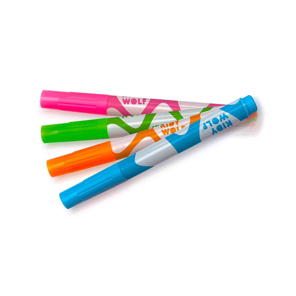 Four colorful markers arranged diagonally on a white background. The markers are pink, green, orange, and blue, each featuring abstract patterns.