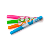 Four colorful markers arranged diagonally on a white background. The markers are pink, green, orange, and blue, each featuring abstract patterns.