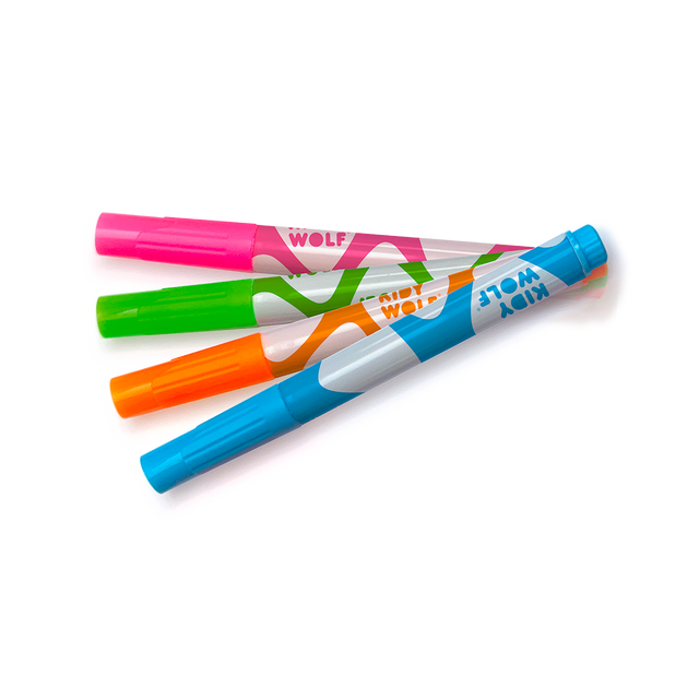 Four colorful markers arranged diagonally on a white background. The markers are pink, green, orange, and blue, each featuring abstract patterns.