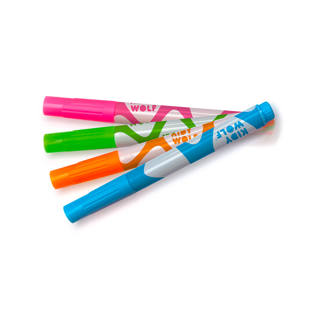 Four colorful markers arranged diagonally on a white background. The markers are pink, green, orange, and blue, each featuring abstract patterns.
