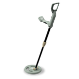 A light green toy metal detector with a black shaft and arm support on a white background.