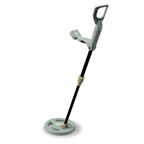 A light green toy metal detector with a black shaft and arm support on a white background.