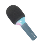 A black foam-tipped microphone with a blue handle, featuring a logo and control buttons. It sits at an angle on a white background.