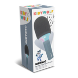 Box of a kid’s karaoke microphone with light. The packaging features colorful branding, musical notes, and a cartoon wolf character, conveying a fun and playful tone.