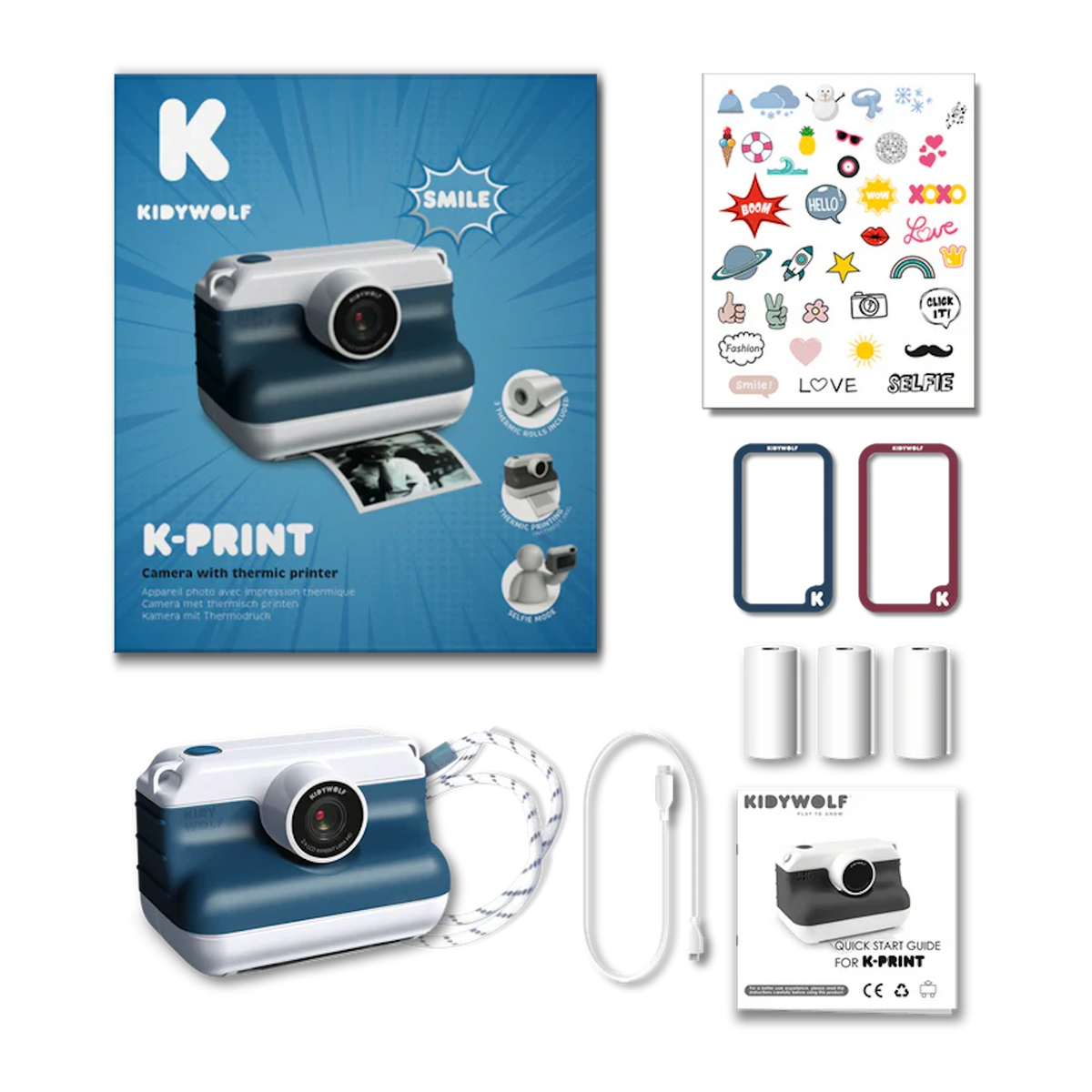Kidywolf K-Print camera set with instant thermal printer, three paper rolls, stickers, charging cable, and user manual.
