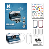 Kidywolf K-Print camera set with instant thermal printer, three paper rolls, stickers, charging cable, and user manual.