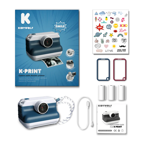 Kidywolf K-Print camera set with instant thermal printer, three paper rolls, stickers, charging cable, and user manual.