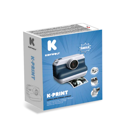 Kidywolf Kidyprint camera packaging for children, featuring the blue instant camera with thermal printer and selfie mode.