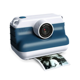 KIDYWOLF KIDYPRINT children's instant print camera in blue and white, showing a black and white thermal photo print.