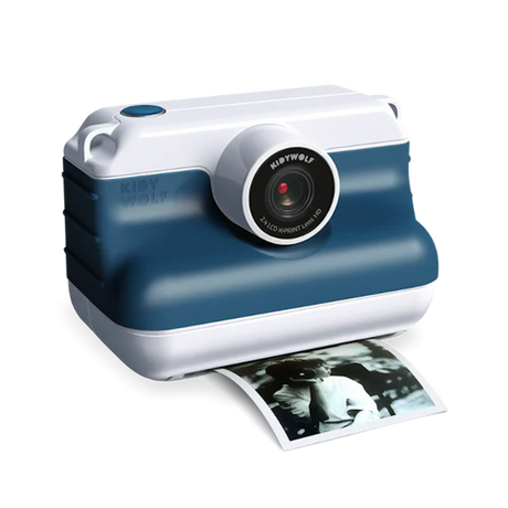KIDYWOLF KIDYPRINT children's instant print camera in blue and white, showing a black and white thermal photo print.