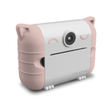 Cute camera with soft pink rubber cat ears and paws on a sleek white body. Designed to resemble a playful cat, conveying a fun and whimsical tone.
