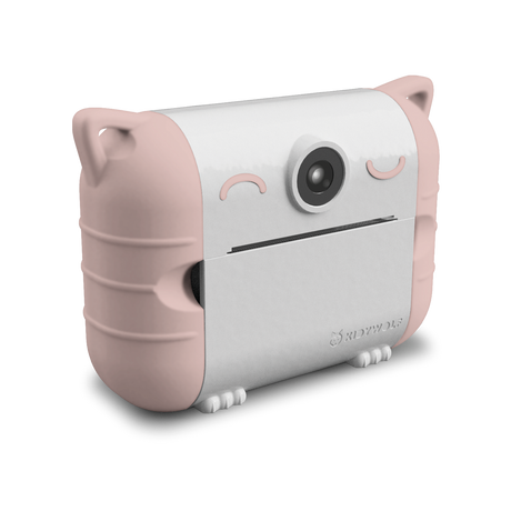 Cute camera with soft pink rubber cat ears and paws on a sleek white body. Designed to resemble a playful cat, conveying a fun and whimsical tone.