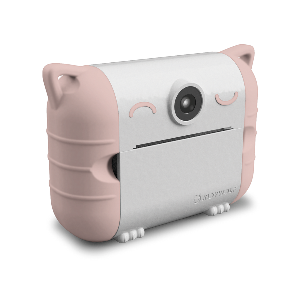 Cute camera with soft pink rubber cat ears and paws on a sleek white body. Designed to resemble a playful cat, conveying a fun and whimsical tone.
