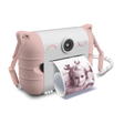 Cute pink and white toy camera with cat ears, printing a black and white photo of a child smiling. The design is playful and whimsical.
