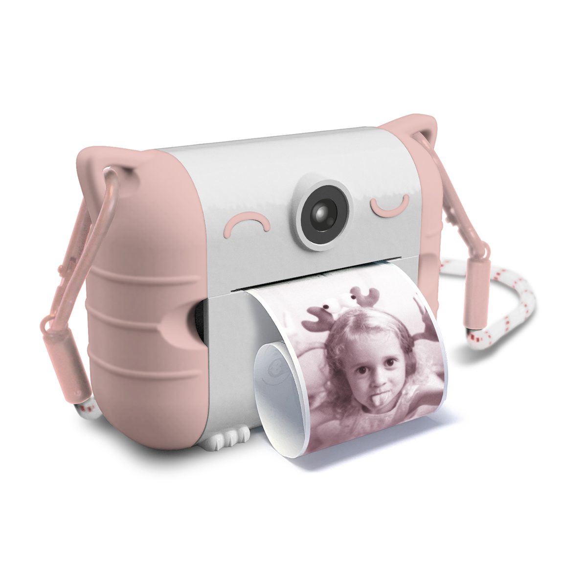 Cute pink and white toy camera with cat ears, printing a black and white photo of a child smiling. The design is playful and whimsical.