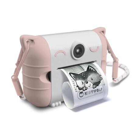 Cute pink and white toy camera with cat ears, printing a black and white photo of a child smiling. The design is playful and whimsical.