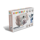 Box for a Kidywolf children's camera with a thermal printer. Includes an image of the camera, printout examples, and a cartoon wolf mascot. Playful design.