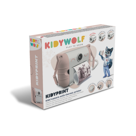 Box for a Kidywolf children's camera with a thermal printer. Includes an image of the camera, printout examples, and a cartoon wolf mascot. Playful design.