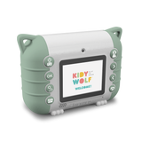 A compact, mint green children's camera with a fun design features a small screen displaying "Kidy Wolf Welcome!" and makes use of playful, rounded buttons.