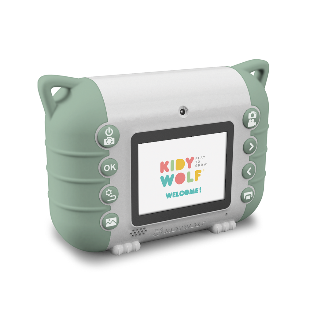 A compact, mint green children's camera with a fun design features a small screen displaying "Kidy Wolf Welcome!" and makes use of playful, rounded buttons.