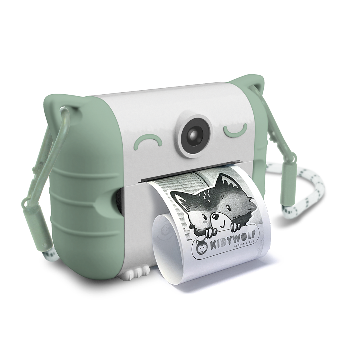 Cute white and mint green instant camera with cat ears prints a photo of a child making a playful face. The design is whimsical and fun.