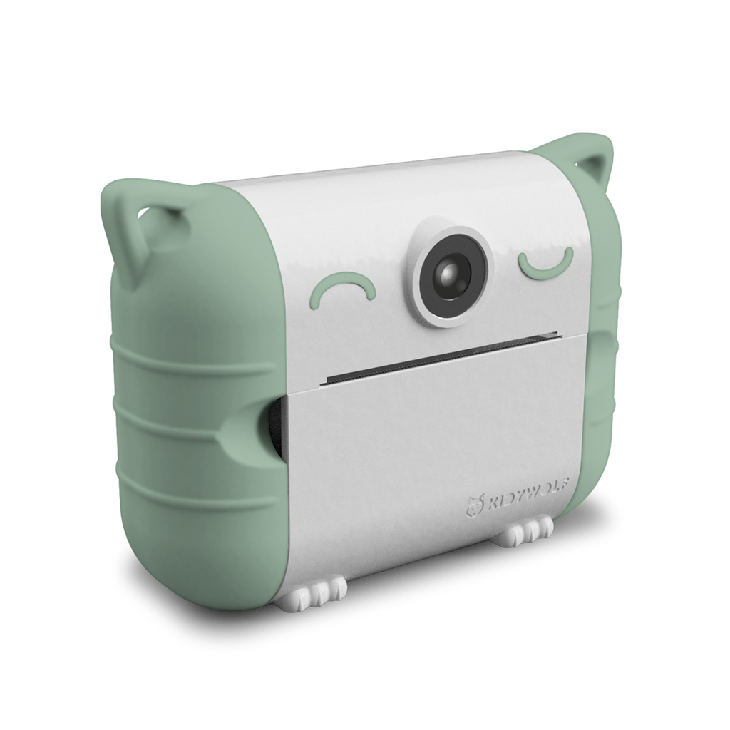 Cute camera with a cat design features mint-green accents and cat-ear details on a glossy white body. It conveys playfulness and whimsy.