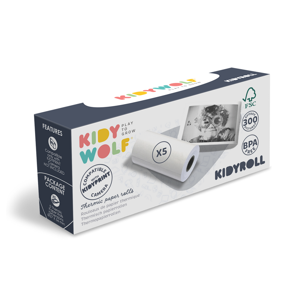 Packaging for Kidy Wolf Kidyroll shows thermic paper rolls, compatible with Kidyprint camera. Includes FSC logo, BPA-free claim, and "300 pictures" text.