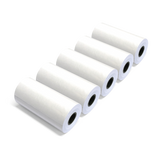 Five white paper rolls are neatly arranged in a diagonal row on a black background, each casting a soft shadow, conveying simplicity and order.