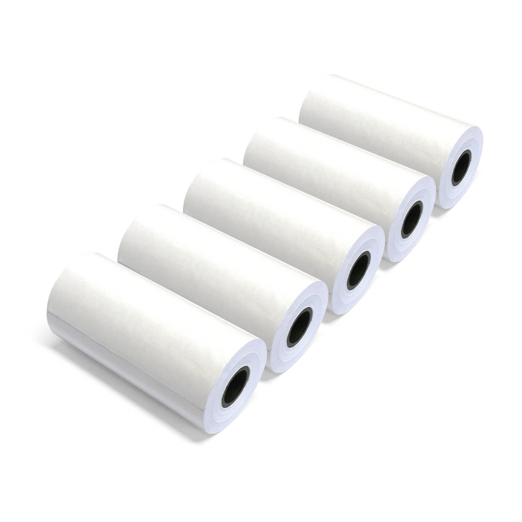 Five white paper rolls are neatly arranged in a diagonal row on a black background, each casting a soft shadow, conveying simplicity and order.