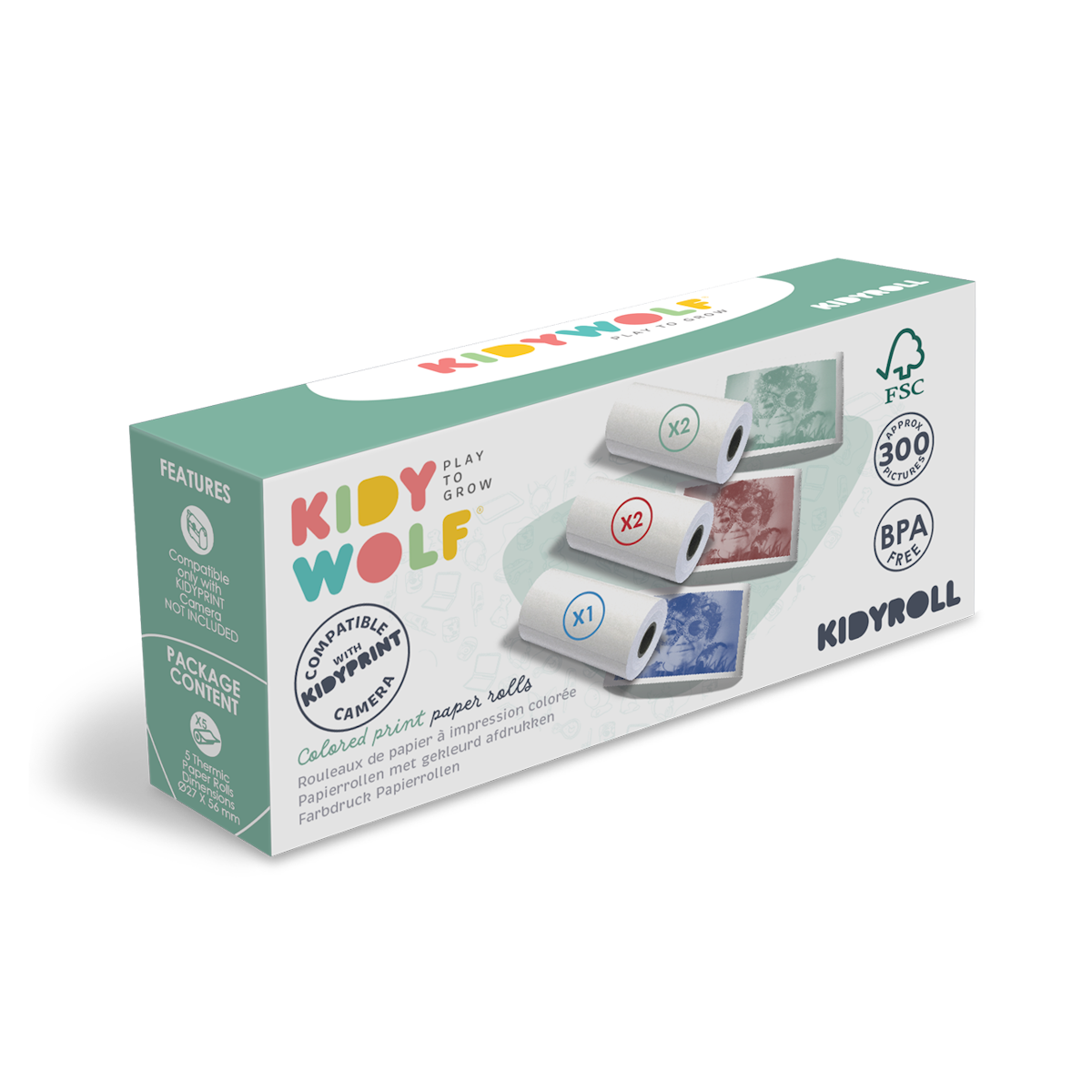 Box labeled "Kidy Wolf" with colorful print paper rolls. Features include BPA-free, FSC-certified, and 300 prints. Compatible with Kidyprint camera.