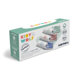 Box labeled "Kidy Wolf" with colorful print paper rolls. Features include BPA-free, FSC-certified, and 300 prints. Compatible with Kidyprint camera.