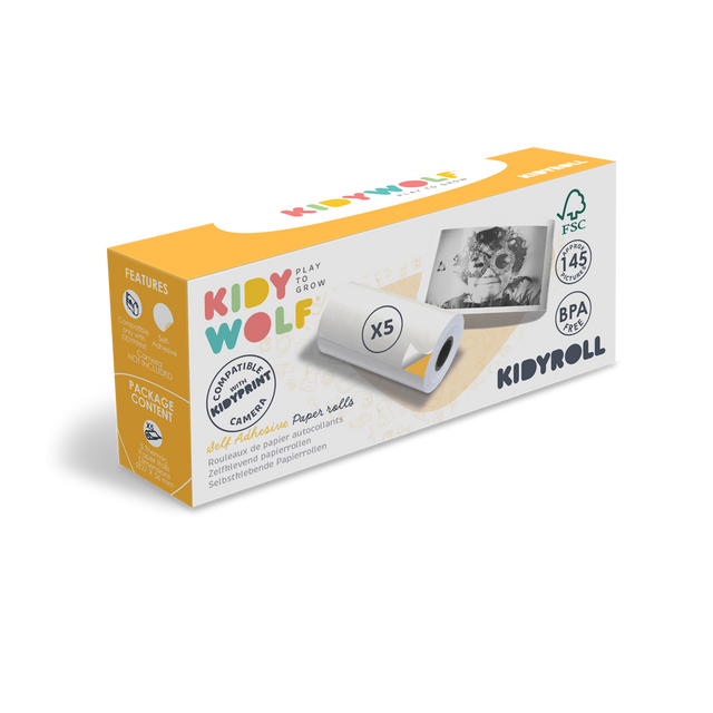 Box of KIDYWOLF self-adhesive paper rolls featuring colorful branding. Includes five rolls, BPA-free, with child’s photo on paper. Compatible with KIDYWOLF camera.
