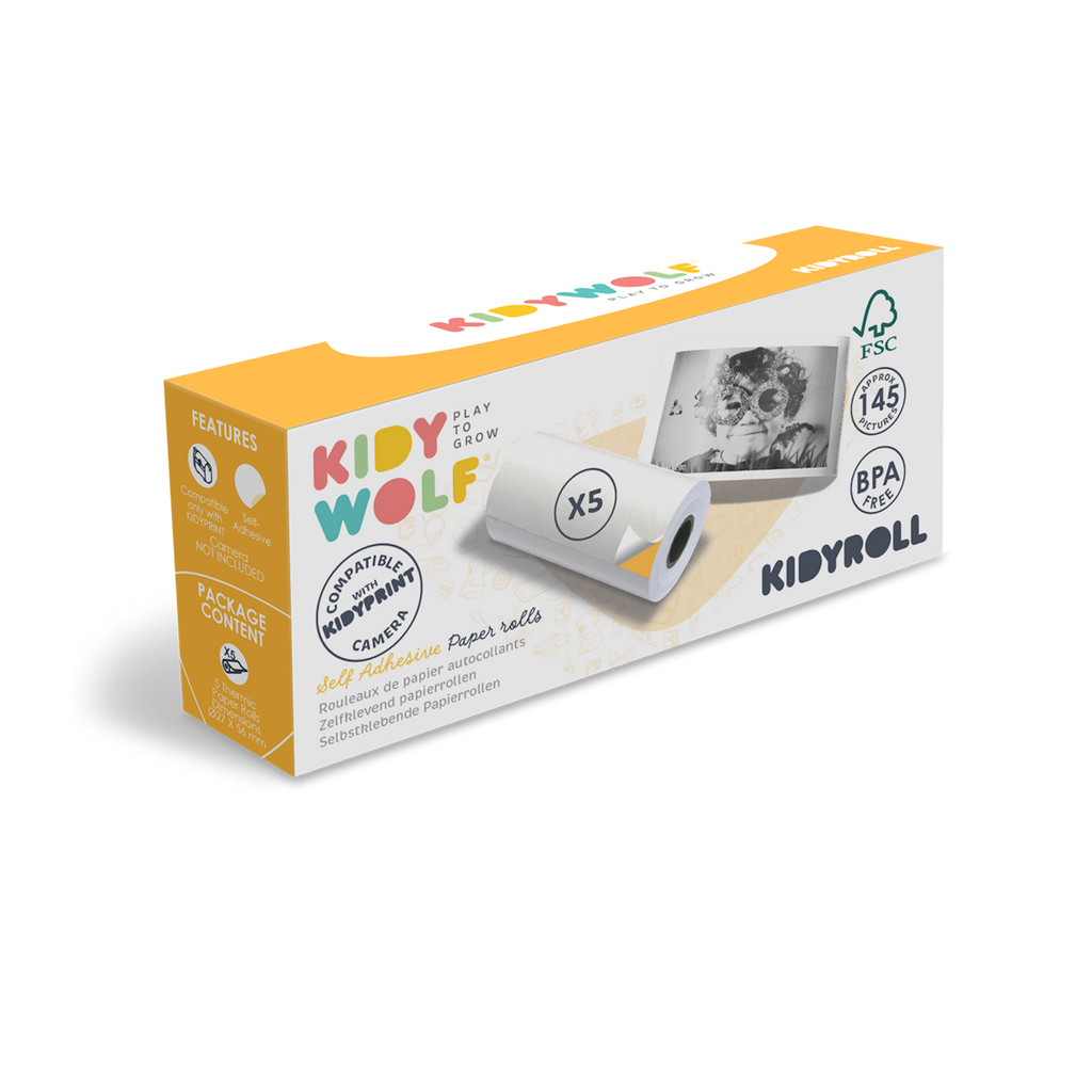 Box of KIDYWOLF self-adhesive paper rolls featuring colorful branding. Includes five rolls, BPA-free, with child’s photo on paper. Compatible with KIDYWOLF camera.