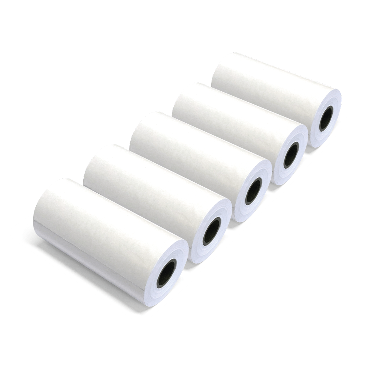 Five white paper rolls are neatly arranged in a diagonal row on a black background, each casting a soft shadow, conveying simplicity and order.