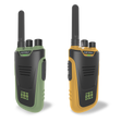 Two walkie-talkies with antennas, a green one on the left and a yellow one on the right, are displayed on a white background. Both show a digital display.