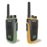 Two walkie-talkies with antennas, a green one on the left and a yellow one on the right, are displayed on a white background. Both show a digital display.