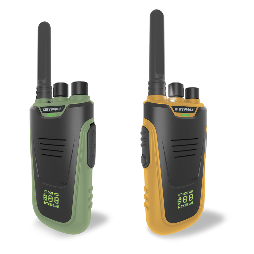 Two walkie-talkies with antennas, a green one on the left and a yellow one on the right, are displayed on a white background. Both show a digital display.