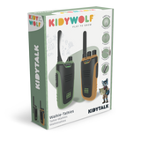 Packaging of KIDYWOLF walkie-talkies featuring green and orange devices. Includes playful illustrations and text emphasizing long-range communication.