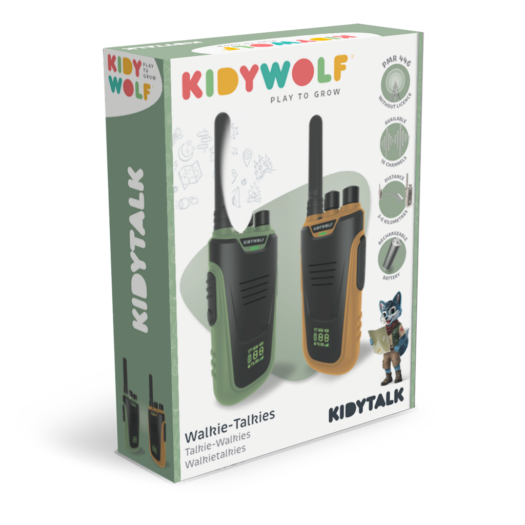 Packaging of KIDYWOLF walkie-talkies featuring green and orange devices. Includes playful illustrations and text emphasizing long-range communication.