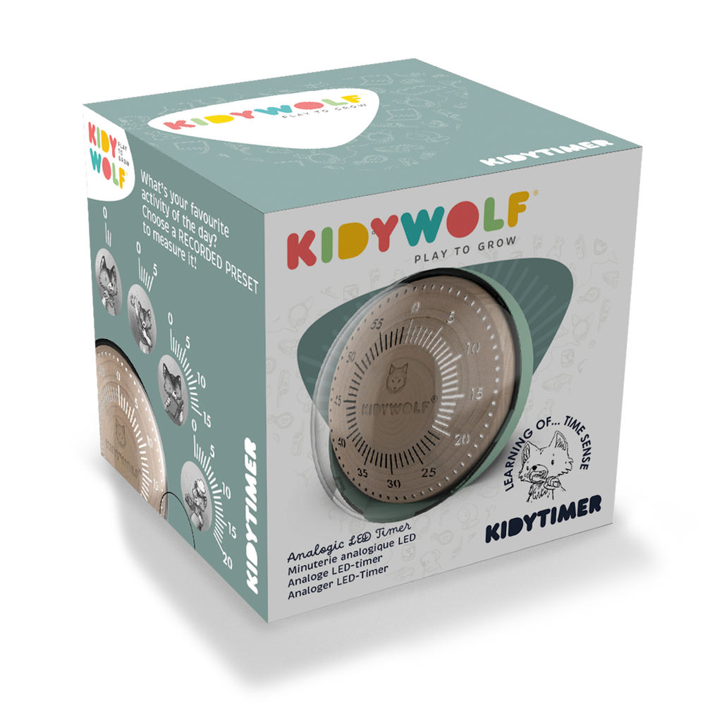 Packaging for a "KIDYWOLF" analog LED timer. Features colorful branding, a clear product image, and playful illustrations on a teal background.