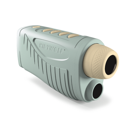 A compact, green and beige binocular device with textured grip and buttons, branded "KIDYWOLF," against a white background. Sleek and modern design.