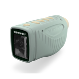 A light green KIDYWOLF night vision device with a screen showing a grayscale image of trees. The device has embossed grip lines and buttons.